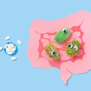 Cartoon Intestinal Gut inside with Bacteria And Probiotic Capsule