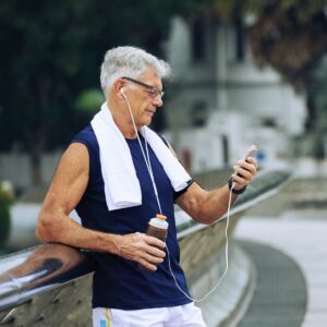 an old man running for preserving muscle mass and look younger, counting her steps