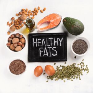 healthy fats sign and some food sources of healthy fats like avocado salmon chia seeds flaxseed and nuts