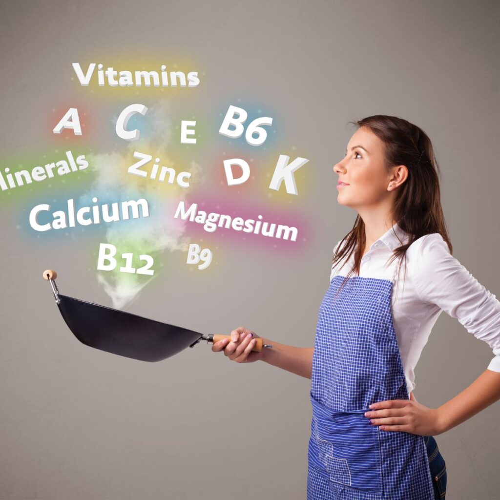 woman handling cooking pan with nutrients