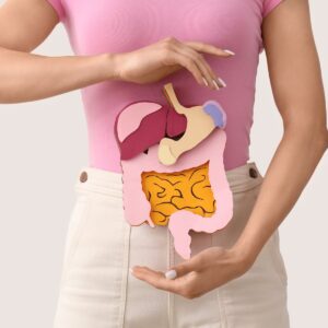 woman with digestive issues holding paper-shaped digestive system